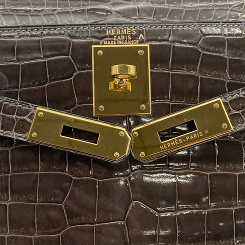 HERMES KELLY 28 GRIS ELEPHANT POROSUS CROCODILE HAND SHOULDER BAG 2001 SQUARE E GOLD HARDWARE 90323190