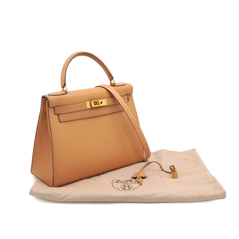 HERMES KELLY 28 SELLIER NATUREL COUCHEVEL HAND SHOULDER BAG 1994 CIRCLE X GOLD HARDWARE 90339215