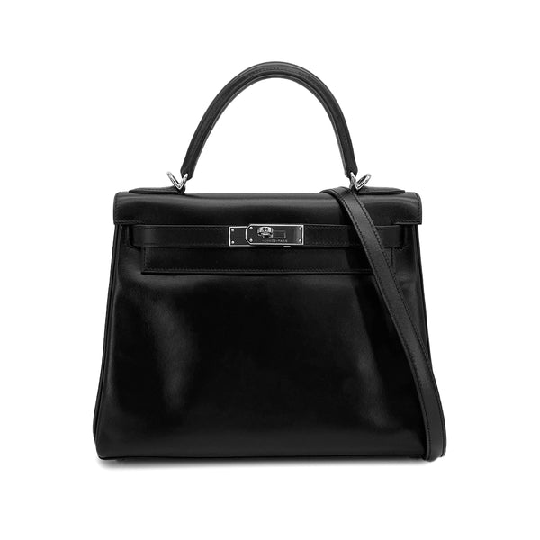 HERMES KELLY 28 RETORNE BLACK BOXCALF HAND SHOULDER BAG SQUARE K PALLADIUM HARDWARE 90315445