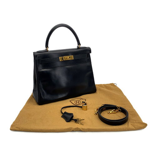 HERMES KELLY 28 RETORNE BLACK BOX CALF HAND SHOULDER BAG 1990 CIRCLE T GOLD HARDWARE 90317902
