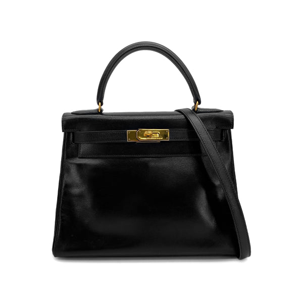 HERMES KELLY 28 RETORNE BLACK BOX CALF HAND SHOULDER BAG 1990 CIRCLE T GOLD HARDWARE 90317902