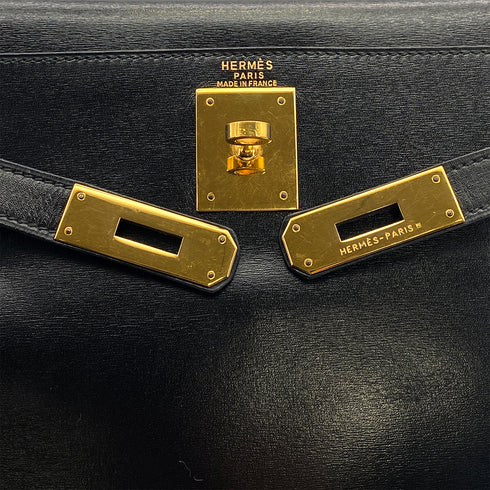 HERMES KELLY 28 RETORNE BLACK BOX CALF HAND SHOULDER BAG 1990 CIRCLE T GOLD HARDWARE 90317902