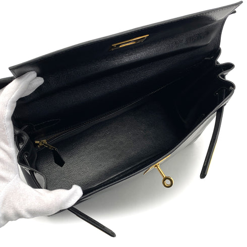HERMES KELLY 28 RETORNE BLACK BOX CALF HAND SHOULDER BAG 1990 CIRCLE T GOLD HARDWARE 90317902