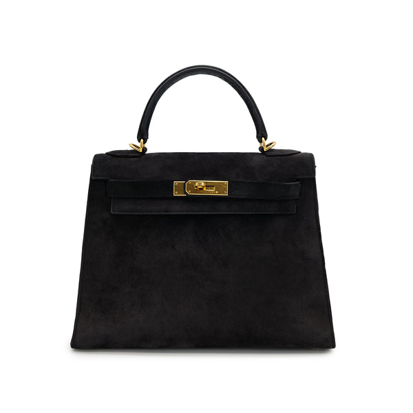 HERMES KELLY 28 RETORNE BLACK DEBRIS HAND BAG 2000 SQUARE D GOLD HARDWARE 90318612