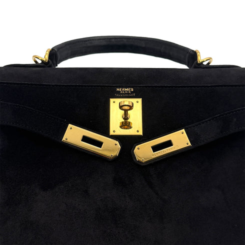 HERMES KELLY 28 RETORNE BLACK DEBRIS HAND BAG 2000 SQUARE D GOLD HARDWARE 90318612