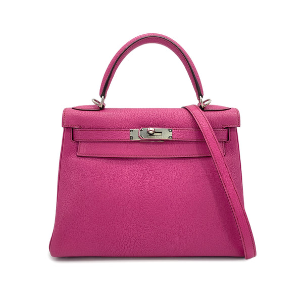HERMES KELLY 28 RETORNE FUCHSIA CHEVRE MYSORE HAND SHOULDER BAG 2006 SQUARE J PALLADIUM HARDWARE 90322168