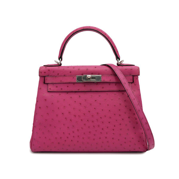 HERMES KELLY 28 RETORNE FUCHSIA OSTRICH HAND SHOULDER BAG 2004 SQUARE H PALLADIUM HARDWARE 90318618