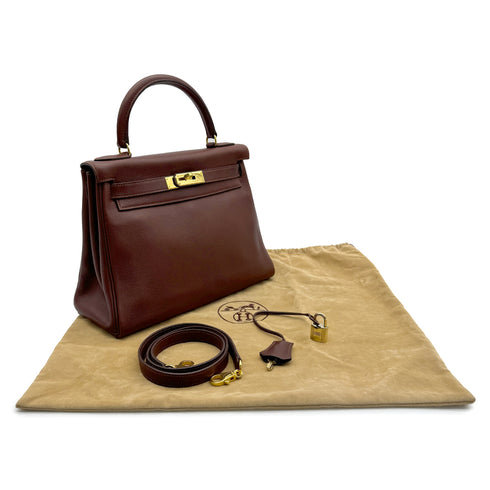 HERMES KELLY 28 RETORNE MARRON FONCE VEAU GULLIVER HAND SHOULDER BAG 1997 SQUARE A GOLD HARDWARE 90317856