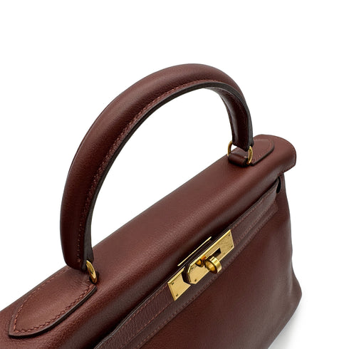 HERMES KELLY 28 RETORNE MARRON FONCE VEAU GULLIVER HAND SHOULDER BAG 1997 SQUARE A GOLD HARDWARE 90317856