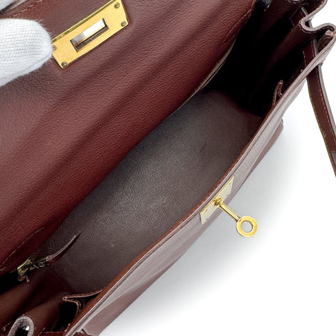 HERMES KELLY 28 RETORNE MARRON FONCE VEAU GULLIVER HAND SHOULDER BAG 1997 SQUARE A GOLD HARDWARE 90317856