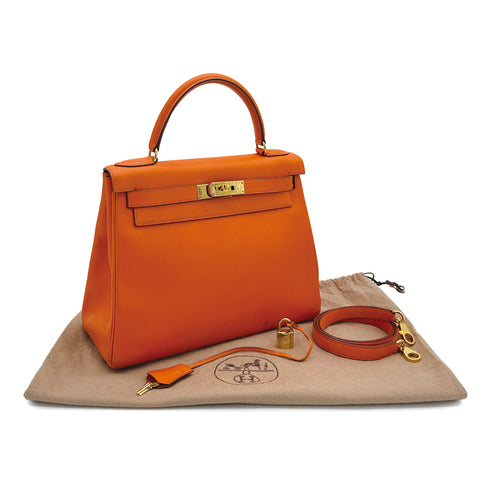 HERMES KELLY 28 RETORNE ORANGE VEAU GULLIVER HAND SHOULDER BAG 1993 CIRCLE W GOLD HARDWARE 90315621