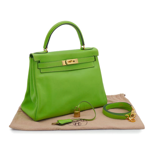 HERMES KELLY 28 RETOURNE APPLE GREEN VEAU GULLIVER HAND SHOULDER BAG 1997 SQUARE A GOLD HARDWARE 90345503
