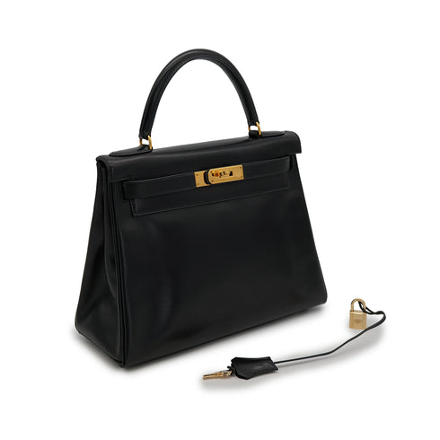 HERMES KELLY 28 RETOURNE BLACK BOXCALF HAND BAG 1992 CIRCLE V GOLD HARDWARE 90324219