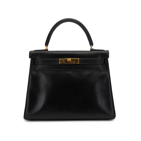 HERMES KELLY 28 RETOURNE BLACK BOXCALF HAND BAG 1992 CIRCLE V GOLD HARDWARE 90324219