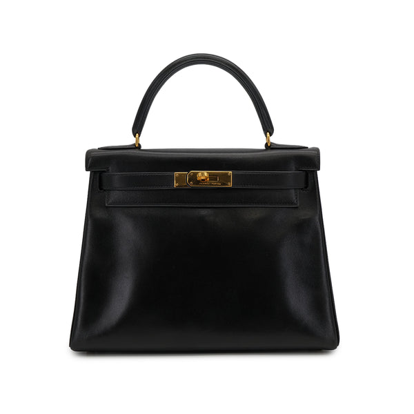 HERMES KELLY 28 RETOURNE BLACK BOXCALF HAND BAG 1992 CIRCLE V GOLD HARDWARE 90324219