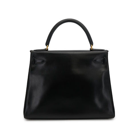 HERMES KELLY 28 RETOURNE BLACK BOXCALF HAND BAG 1992 CIRCLE V GOLD HARDWARE 90324219