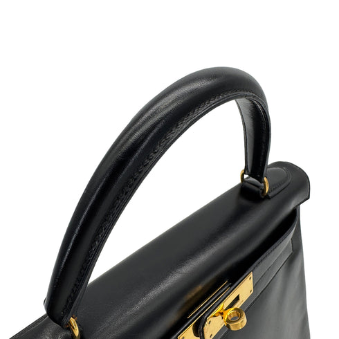 HERMES KELLY 28 RETOURNE BLACK BOXCALF HAND BAG 1992 CIRCLE V GOLD HARDWARE 90324219