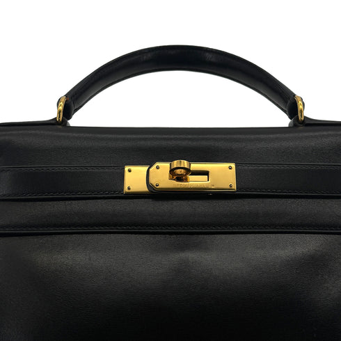 HERMES KELLY 28 RETOURNE BLACK BOXCALF HAND BAG 1992 CIRCLE V GOLD HARDWARE 90324219