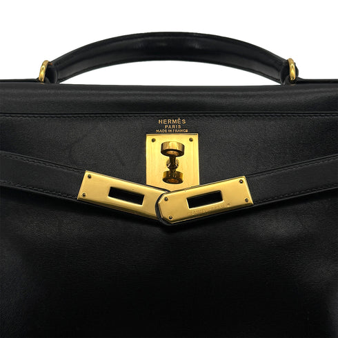 HERMES KELLY 28 RETOURNE BLACK BOXCALF HAND BAG 1992 CIRCLE V GOLD HARDWARE 90324219