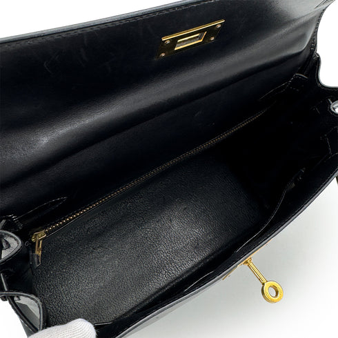 HERMES KELLY 28 RETOURNE BLACK BOXCALF HAND BAG 1992 CIRCLE V GOLD HARDWARE 90324219