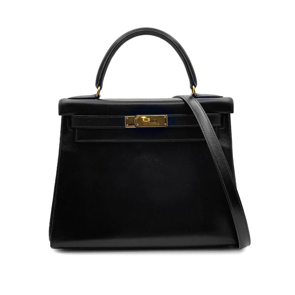 HERMES KELLY 28 RETOURNE BLACK BOXCALF HAND SHOULDER BAG 1993 CIRCLE W GOLD HARDWRE 90315003