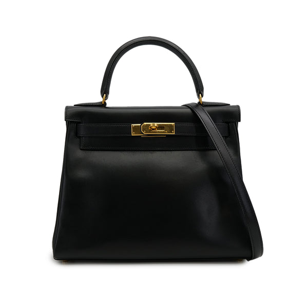 HERMES KELLY 28 RETOURNE BLACK BOXCALF HAND SHOULDER BAG 1996 CIRCLE Z GOLD HARDWARE 90318728