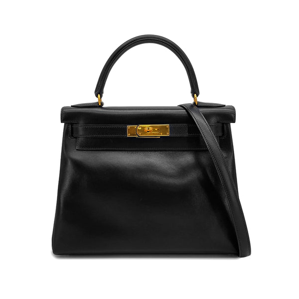 HERMES KELLY 28 RETOURNE BLACK BOXCALF HAND SHOULDER BAG 1999 SQUARE C GOLD HARDWARE 90324139