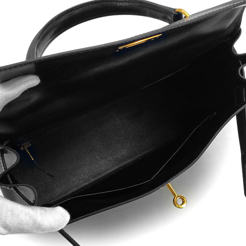HERMES KELLY 28 RETOURNE BLACK BOXCALF HAND SHOULDER BAG 1999 SQUARE C GOLD HARDWARE 90324139