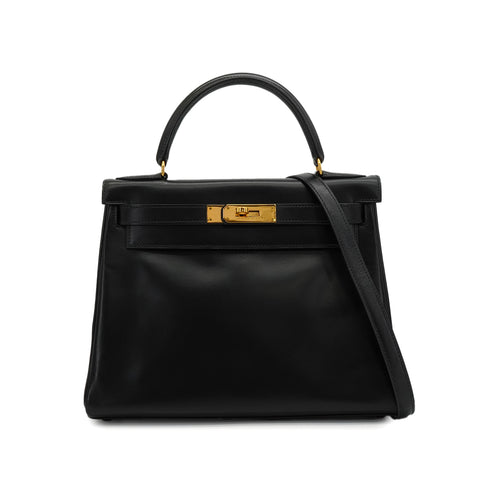 HERMES KELLY 28 RETOURNE BLACK BOX CALF HAND SHOULDER BAG 1992 CIRCLE V GOLD HARDWARE 90346657