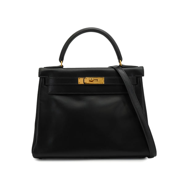 HERMES KELLY 28 RETOURNE BLACK BOX CALF HAND SHOULDER BAG 1992 CIRCLE V GOLD HARDWARE 90346657