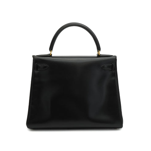 HERMES KELLY 28 RETOURNE BLACK BOX CALF HAND SHOULDER BAG 1992 CIRCLE V GOLD HARDWARE 90346657