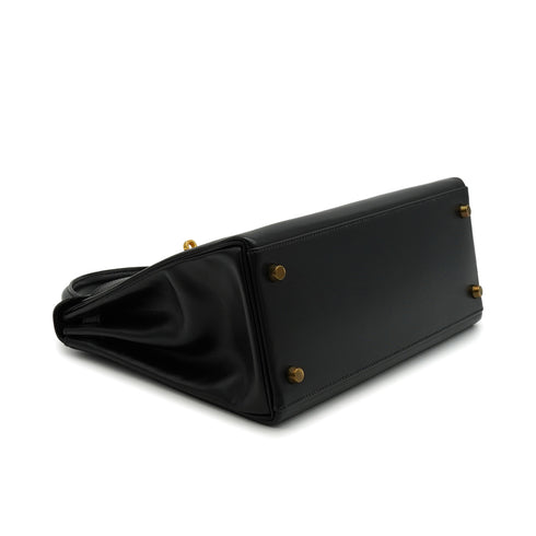 HERMES KELLY 28 RETOURNE BLACK BOX CALF HAND SHOULDER BAG 1992 CIRCLE V GOLD HARDWARE 90346657