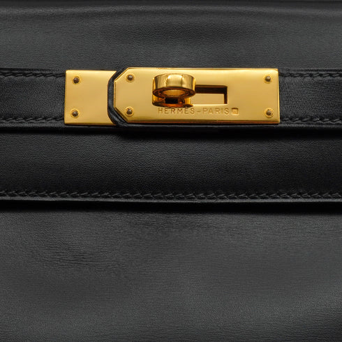 HERMES KELLY 28 RETOURNE BLACK BOX CALF HAND SHOULDER BAG 1992 CIRCLE V GOLD HARDWARE 90346657