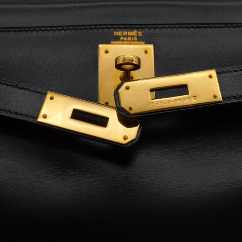 HERMES KELLY 28 RETOURNE BLACK BOX CALF HAND SHOULDER BAG 1992 CIRCLE V GOLD HARDWARE 90346657