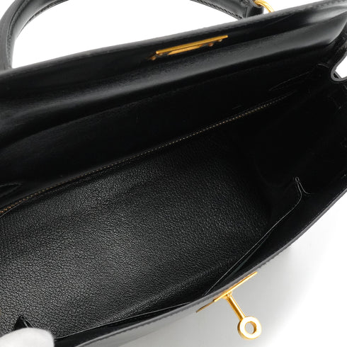 HERMES KELLY 28 RETOURNE BLACK BOX CALF HAND SHOULDER BAG 1992 CIRCLE V GOLD HARDWARE 90346657