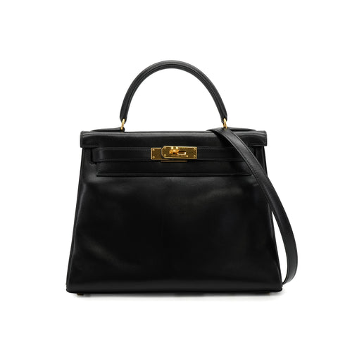 HERMES KELLY 28 RETOURNE BLACK BOX CALF HAND SHOULDER BAG 1994 CIRCLE X GOLD HARDWARE 90341435
