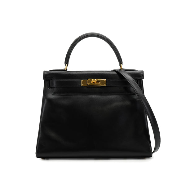 HERMES KELLY 28 RETOURNE BLACK BOX CALF HAND SHOULDER BAG 1994 CIRCLE X GOLD HARDWARE 90341435