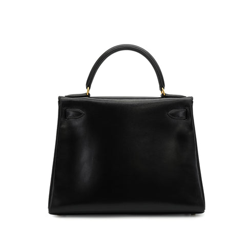 HERMES KELLY 28 RETOURNE BLACK BOX CALF HAND SHOULDER BAG 1994 CIRCLE X GOLD HARDWARE 90341435