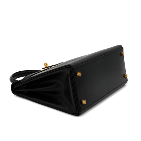 HERMES KELLY 28 RETOURNE BLACK BOX CALF HAND SHOULDER BAG 1994 CIRCLE X GOLD HARDWARE 90341435