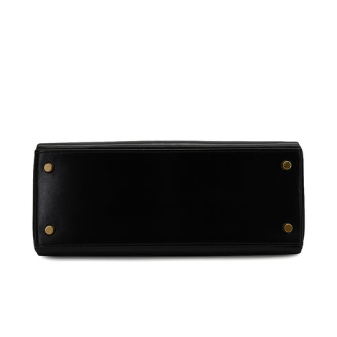 HERMES KELLY 28 RETOURNE BLACK BOX CALF HAND SHOULDER BAG 1994 CIRCLE X GOLD HARDWARE 90341435
