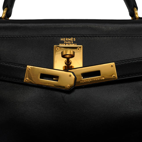 HERMES KELLY 28 RETOURNE BLACK BOX CALF HAND SHOULDER BAG 1994 CIRCLE X GOLD HARDWARE 90341435