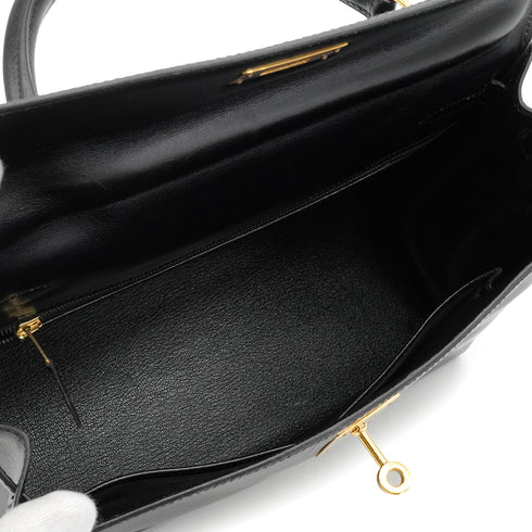 HERMES KELLY 28 RETOURNE BLACK BOX CALF HAND SHOULDER BAG 1994 CIRCLE X GOLD HARDWARE 90341435