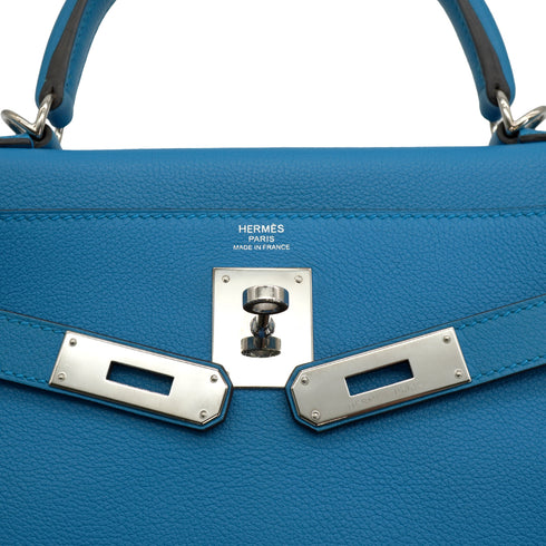 HERMES KELLY 28 RETOURNE BLEU ZANZIBAR EVERCOLOR HAND SHOULDER BAG 2017 A STAMP PALLADIUM HARDWARE 90331405