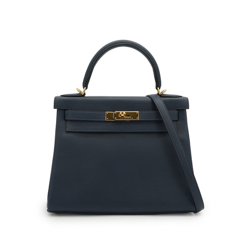 HERMES KELLY 28 RETOURNE BLUE INDIGO EVERCOLOR HAND SHOULDER BAG 2025 K STAMP GOLD HARDWARE 90351043