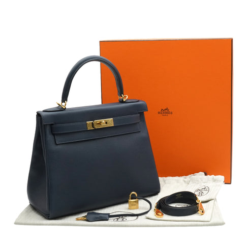 HERMES KELLY 28 RETOURNE BLUE INDIGO EVERCOLOR HAND SHOULDER BAG 2025 K STAMP GOLD HARDWARE 90351043