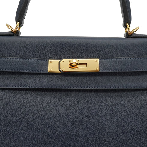 HERMES KELLY 28 RETOURNE BLUE INDIGO EVERCOLOR HAND SHOULDER BAG 2025 K STAMP GOLD HARDWARE 90351043