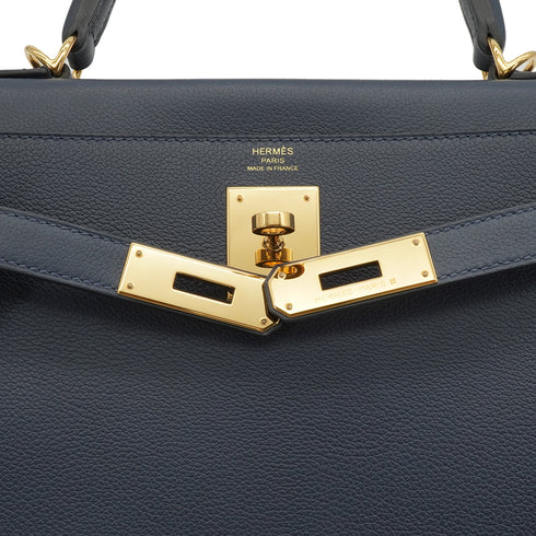 HERMES KELLY 28 RETOURNE BLUE INDIGO EVERCOLOR HAND SHOULDER BAG 2025 K STAMP GOLD HARDWARE 90351043