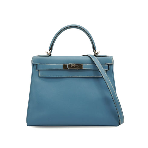 HERMES KELLY 28 RETOURNE BLUE JEAN VEAU EPSOM 2008 SQUARE L PALLADIUM HARDWARE 90341429