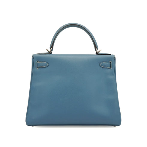 HERMES KELLY 28 RETOURNE BLUE JEAN VEAU EPSOM 2008 SQUARE L PALLADIUM HARDWARE 90341429