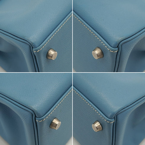 HERMES KELLY 28 RETOURNE BLUE JEAN VEAU EPSOM 2008 SQUARE L PALLADIUM HARDWARE 90341429